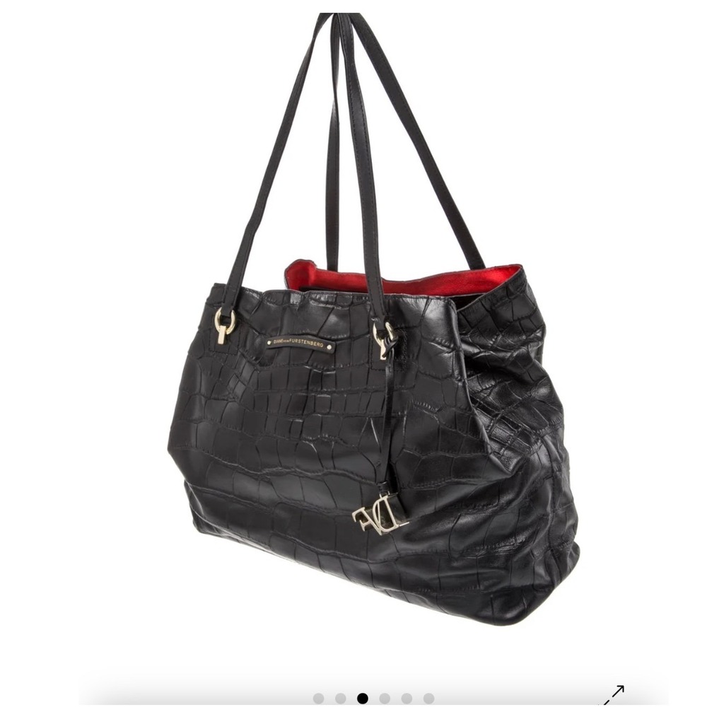 Diane von Furstenberg Black Croc Embossed Leather Tote Bag Red Interior DVF Logo